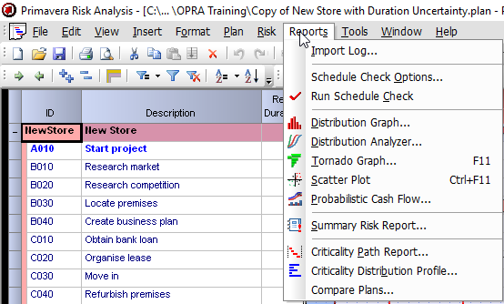 OPRA Reports menu