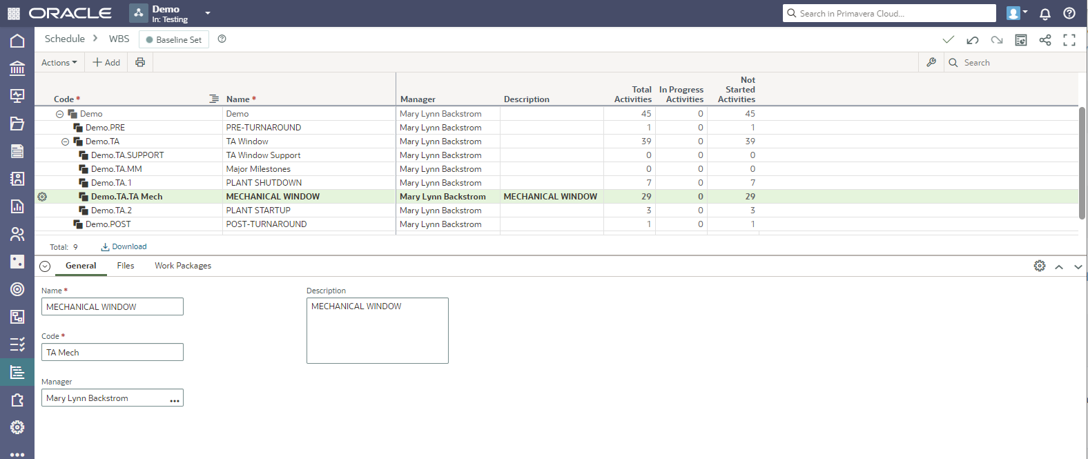 Oracle Primavera Cloud 3 - WBS Window