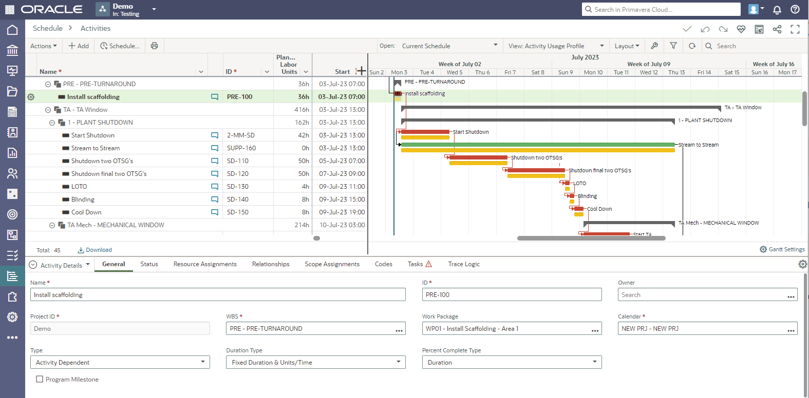 Oracle Primavera Cloud 1 - Activities Window - Schedule App.