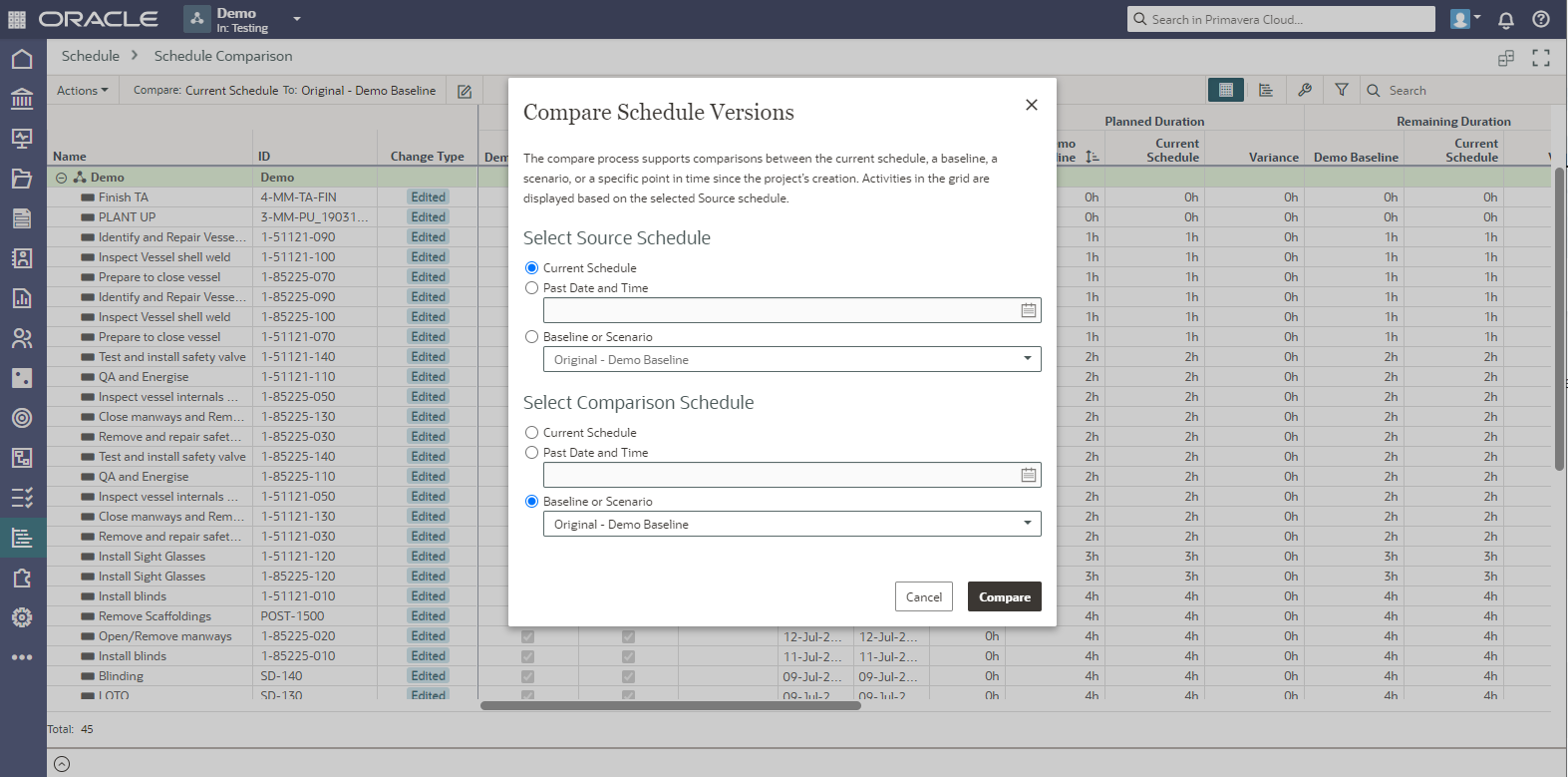 Oracle Primavera Cloud 5 - Schedule Comparison