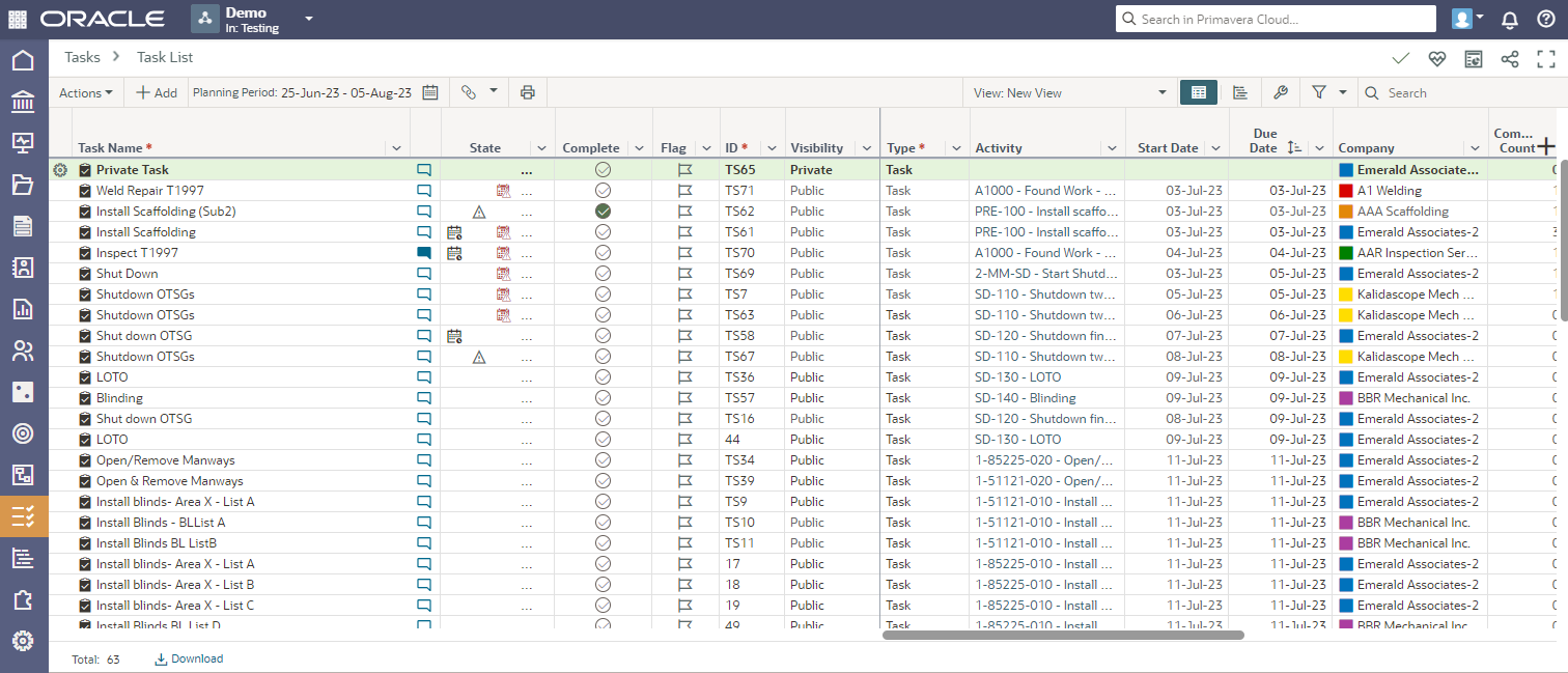 Oracle Primavera Cloud 10 - Task List