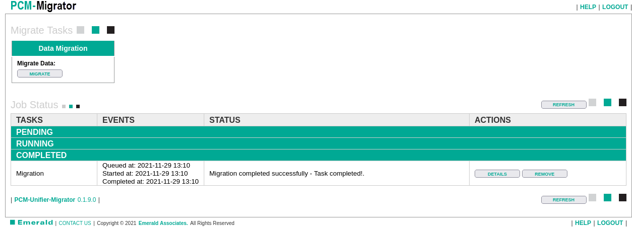 PCM-Unifier Migrator 3 Task Status Page