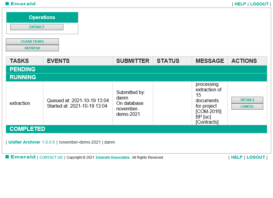 Unifier-Archiver 3 Task Status Page