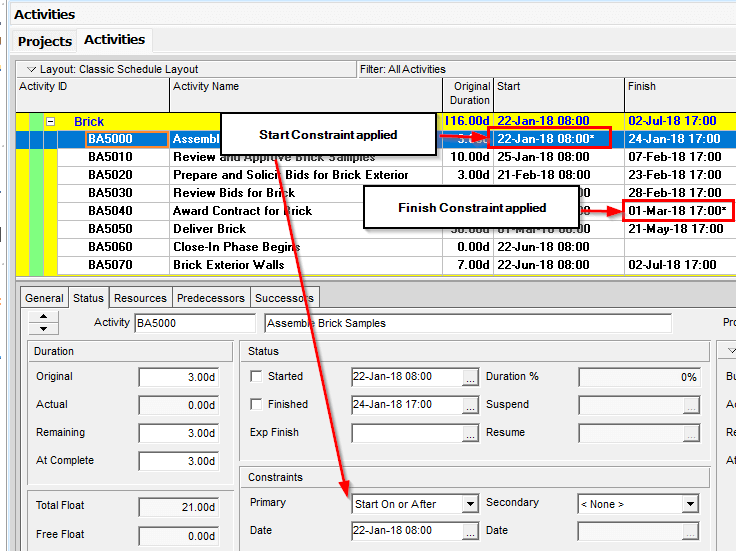 Asterisks Showing Constraints on Activities