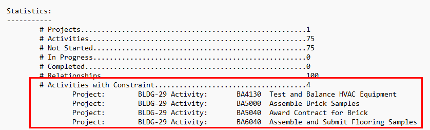 Constraints on Activities Show in the Schedule Log