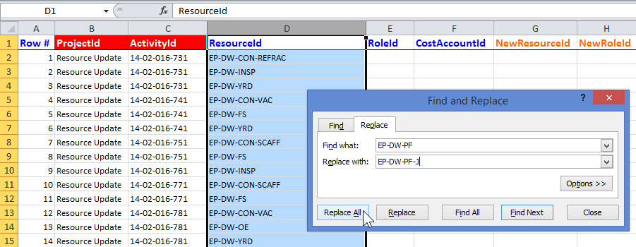 Primavera P6 Excel