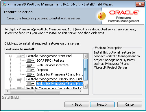 Oracle Portfolio Management Install Selecting Bridge for Primavera P6
