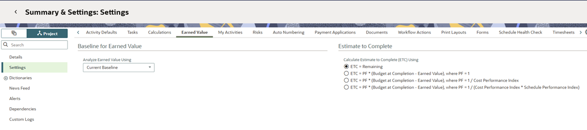 Oracle Primavera Cloud - Earned Value Tab