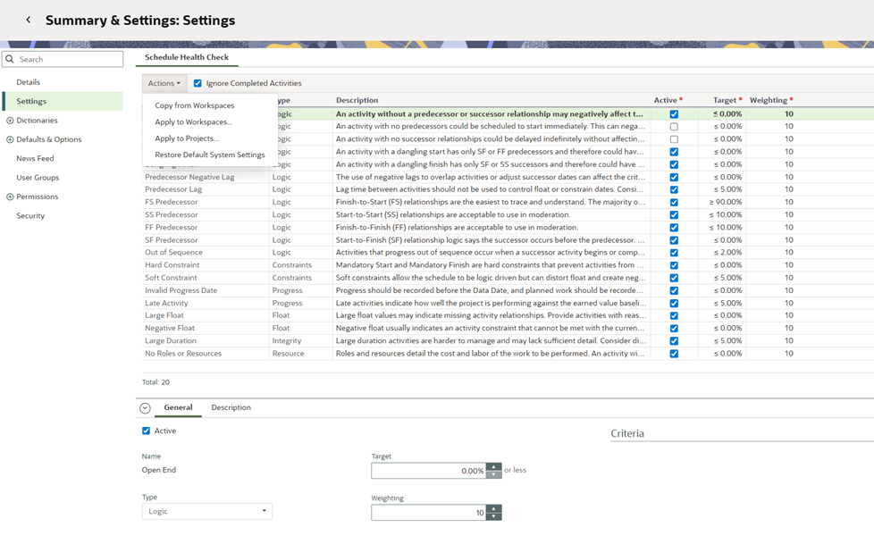 Oracle Primavera Cloud - Settings Page in Workspace Summary and Settings