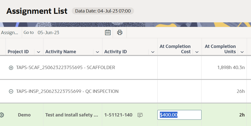Oracle Primavera Cloud - At Completion Cost and Units