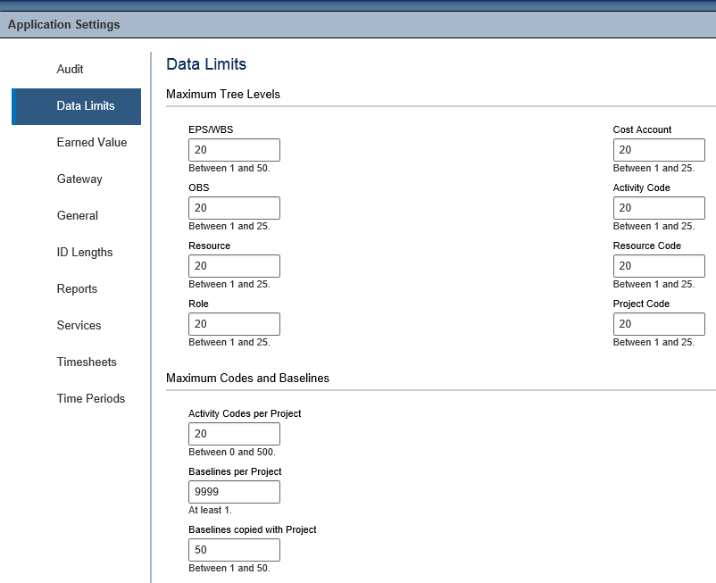 Primavera P6 Application Settings Window