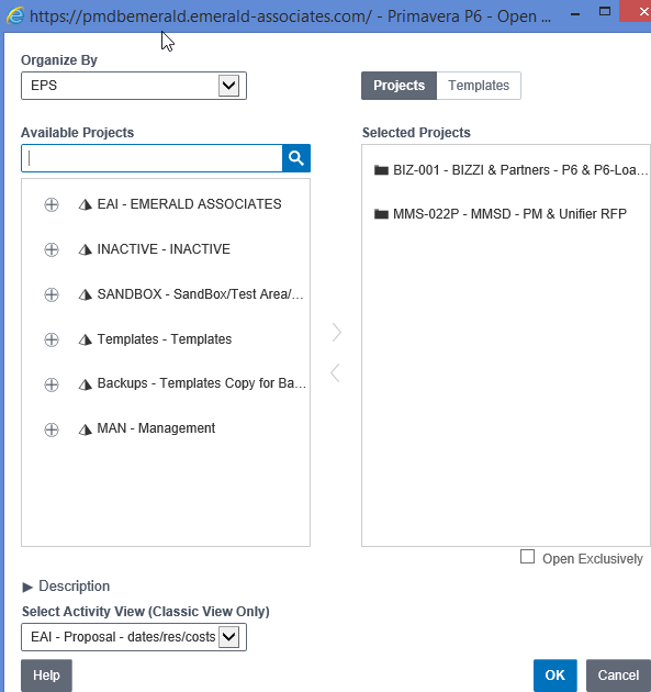 Primavera P6 Project Selection Window