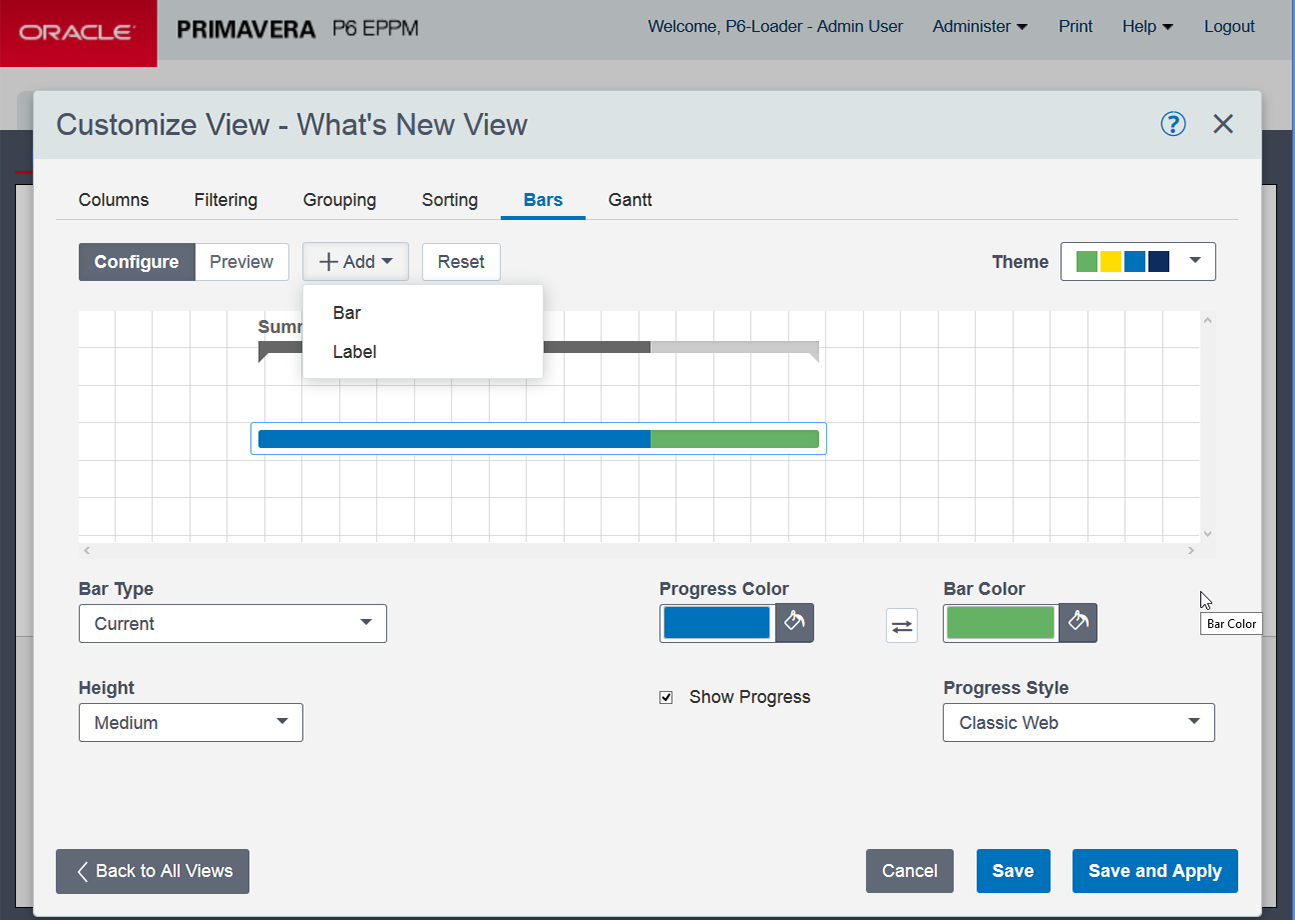 Choose Configure > Add Bar